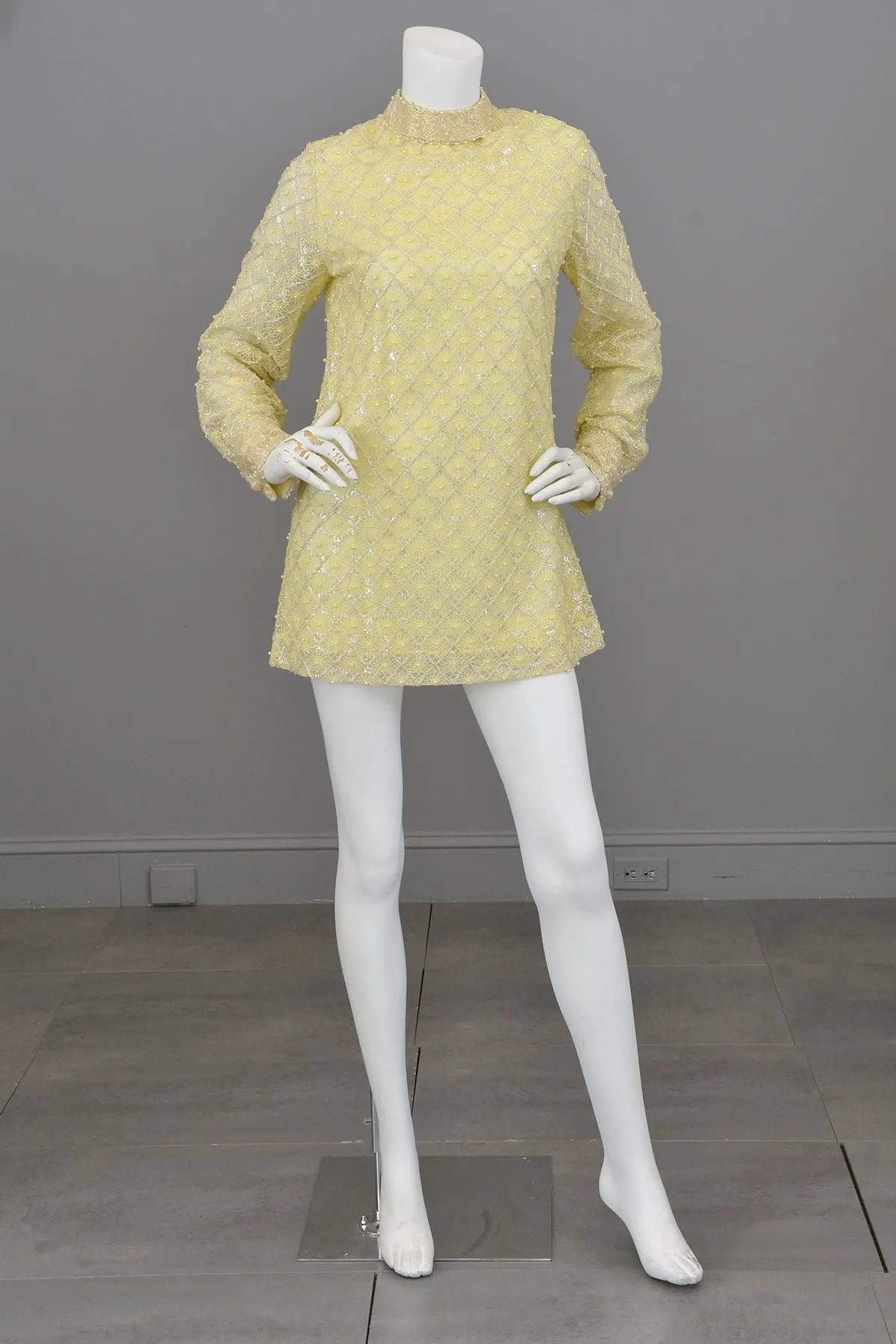 1960s Pale Yellow Beaded Micro Mini Go Go Dress Tunic | Twiggy Dress