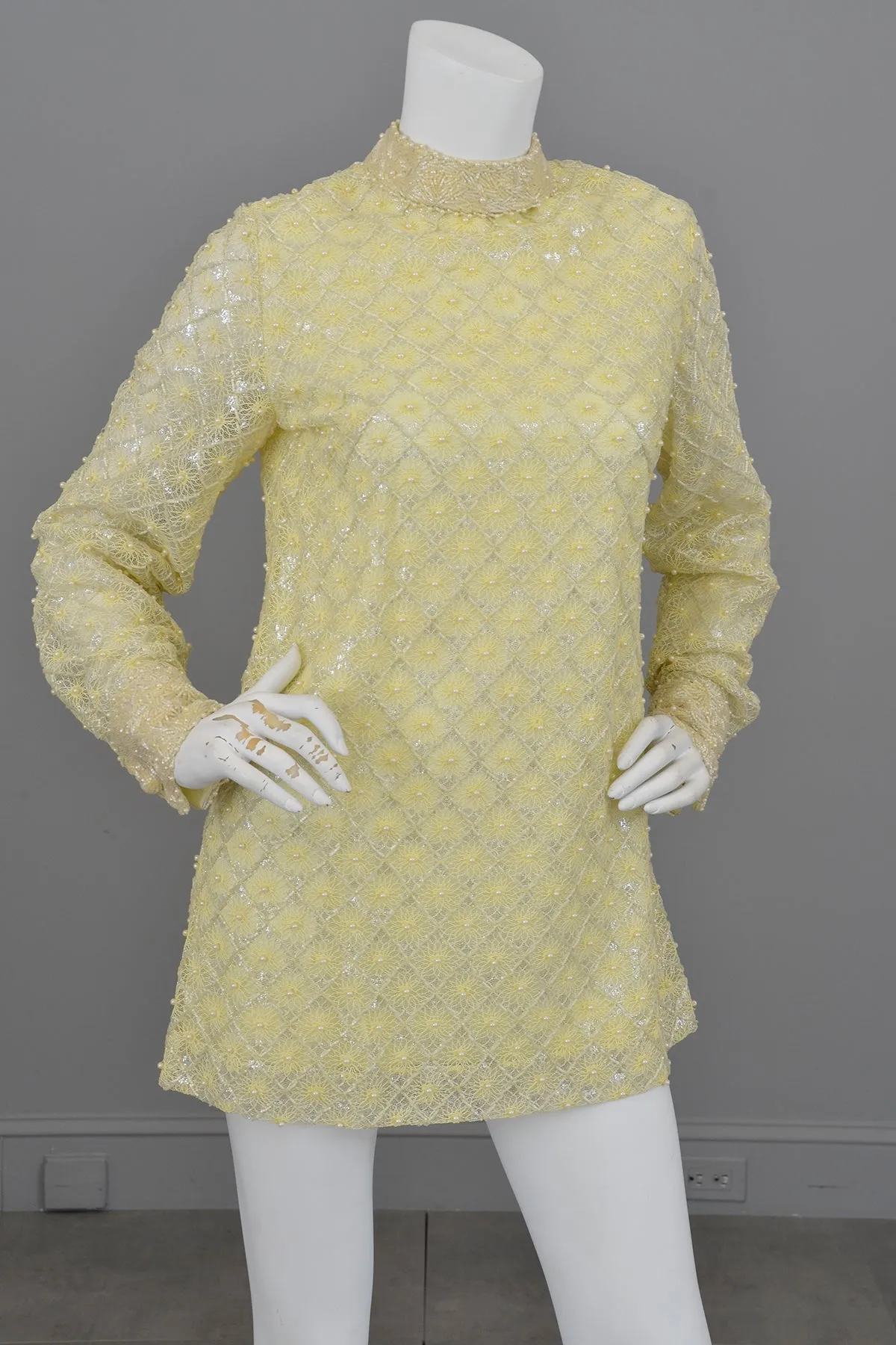 1960s Pale Yellow Beaded Micro Mini Go Go Dress Tunic | Twiggy Dress