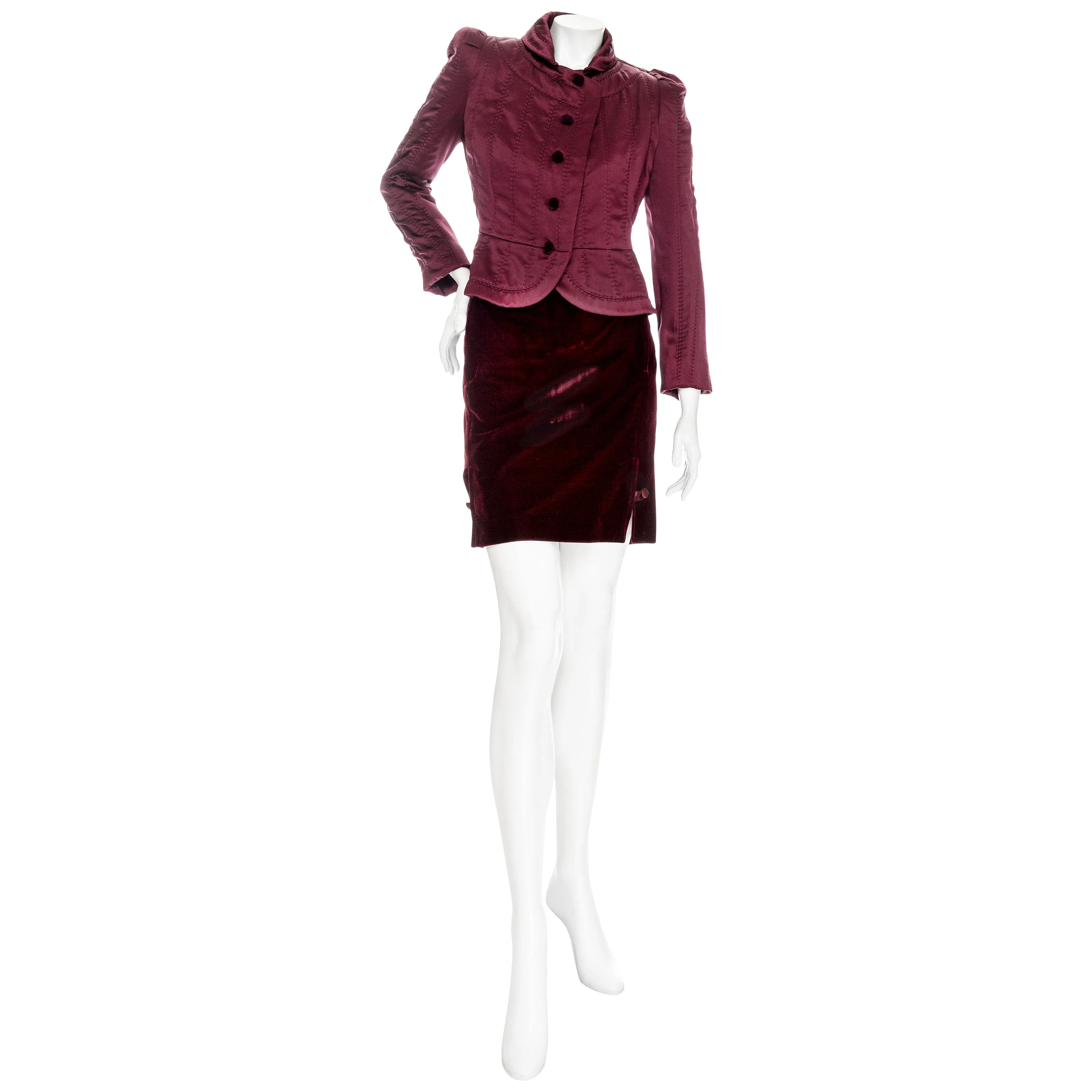 2004 Burgundy Velvet and Silk Two-Piece Skirt and Jacket Suit