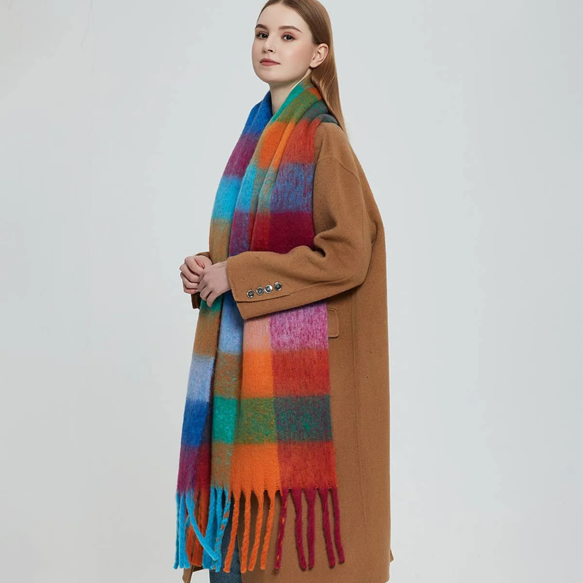 Accity | PLAID PATTERN FRINGE TRIM WINTER SCARF: MAROON