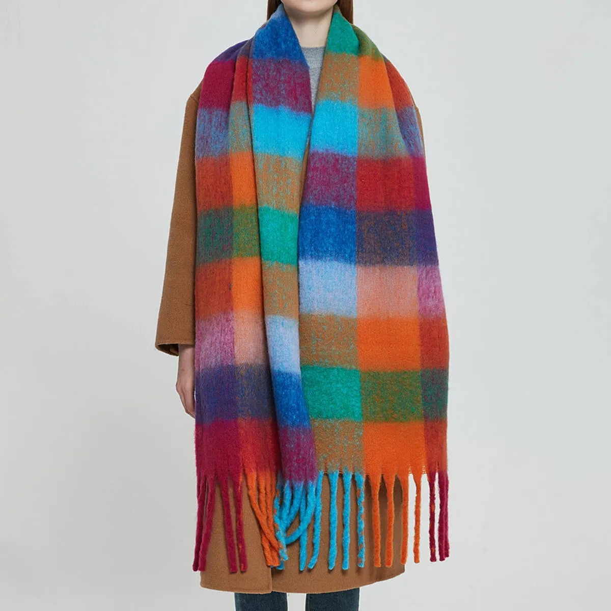 Accity | PLAID PATTERN FRINGE TRIM WINTER SCARF: MAROON