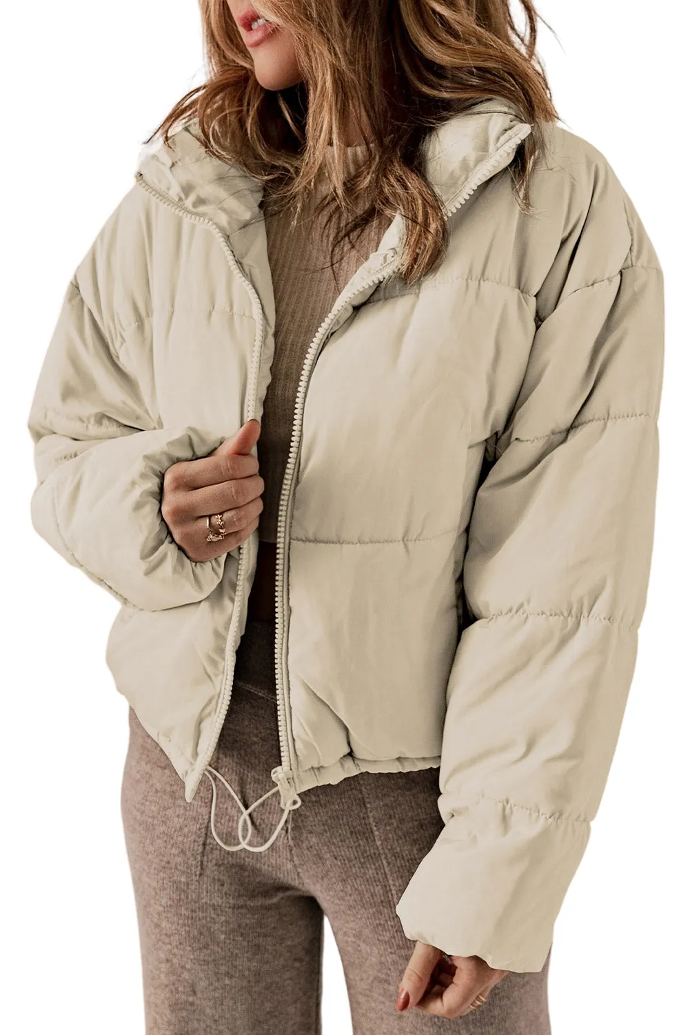 apricot zip up drawstring hem puffer coat