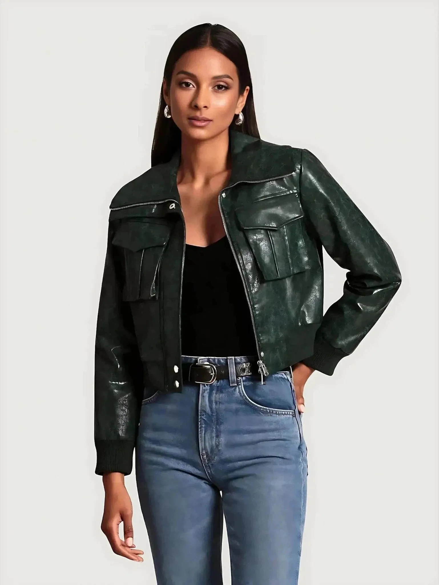 Avec Les Filles Faux-Ever Leather Cropped Aviator Jacket