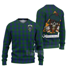 Barclay Tartan Ugly Sweater with Family Crest and Bearded Skull Holding Bottles of Whiskey