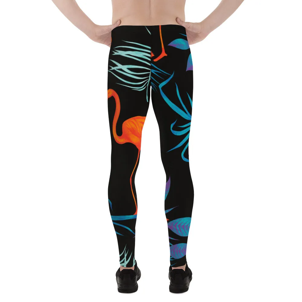 Black Flamingo Tropical Men's Leggings, Tropical Leaves Print Designer Running Compression Tights For Men - Made in USA/EU/MX