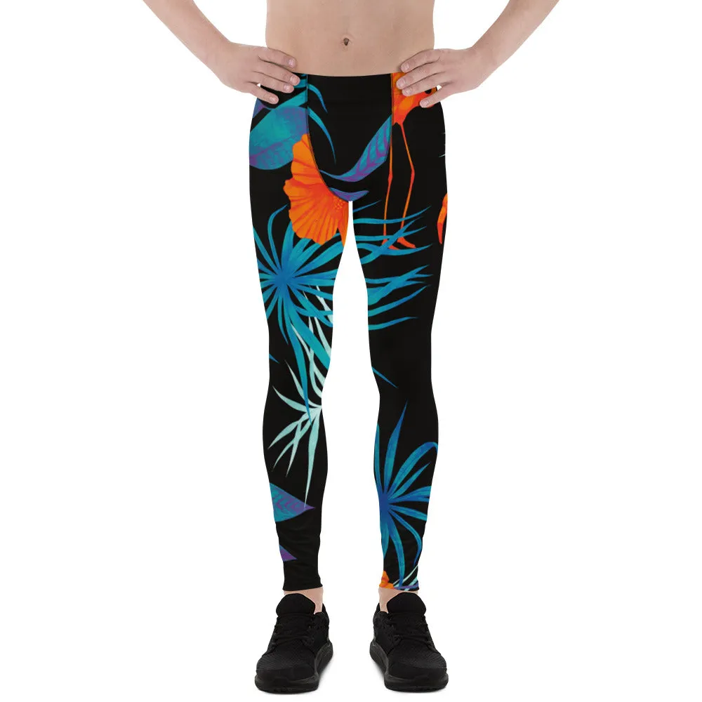 Black Flamingo Tropical Men's Leggings, Tropical Leaves Print Designer Running Compression Tights For Men - Made in USA/EU/MX