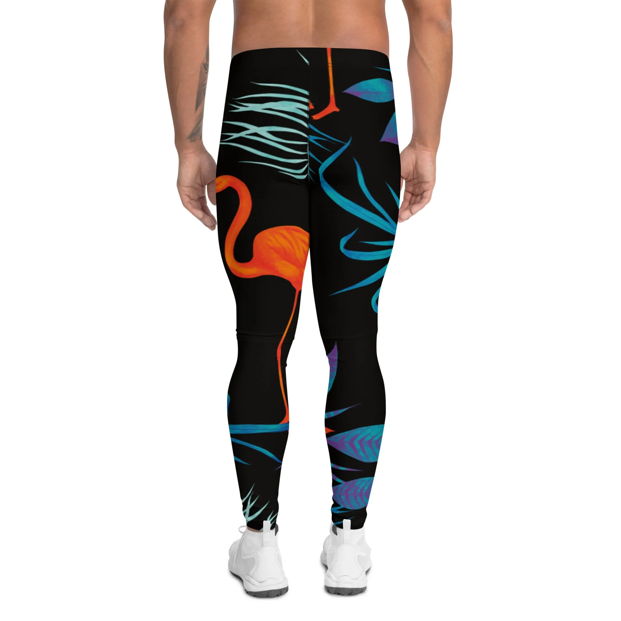 Black Flamingo Tropical Men's Leggings, Tropical Leaves Print Designer Running Compression Tights For Men - Made in USA/EU/MX