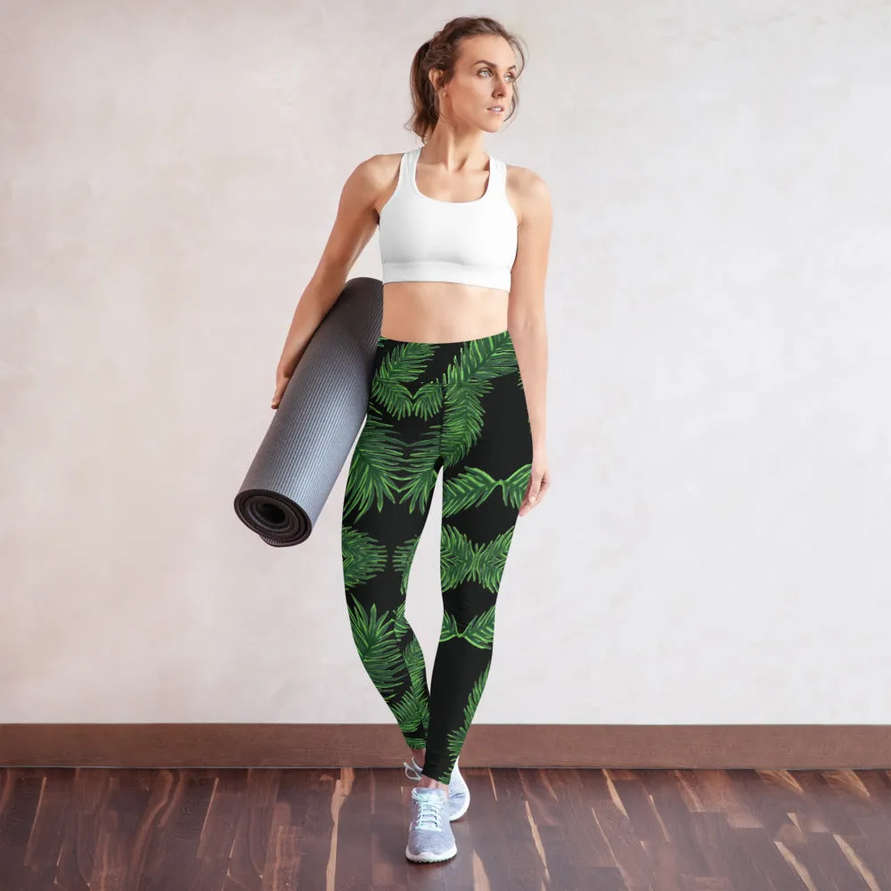 Black Green Tropical Yoga Leggings, Hawaiian Style Women's Long Sports Tights-Made in USA/EU/MX