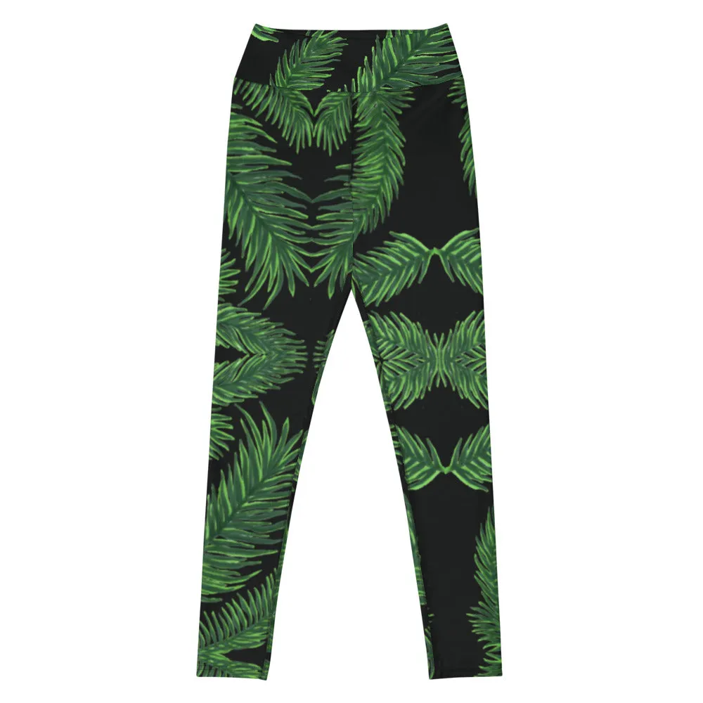 Black Green Tropical Yoga Leggings, Hawaiian Style Women's Long Sports Tights-Made in USA/EU/MX