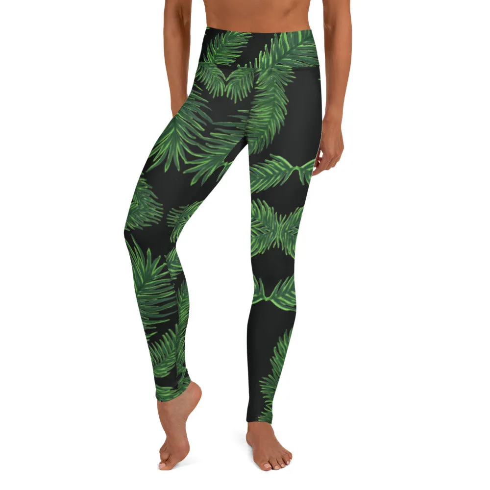 Black Green Tropical Yoga Leggings, Hawaiian Style Women's Long Sports Tights-Made in USA/EU/MX