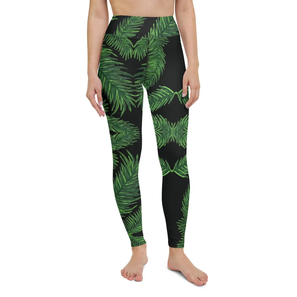 Black Green Tropical Yoga Leggings, Hawaiian Style Women's Long Sports Tights-Made in USA/EU/MX