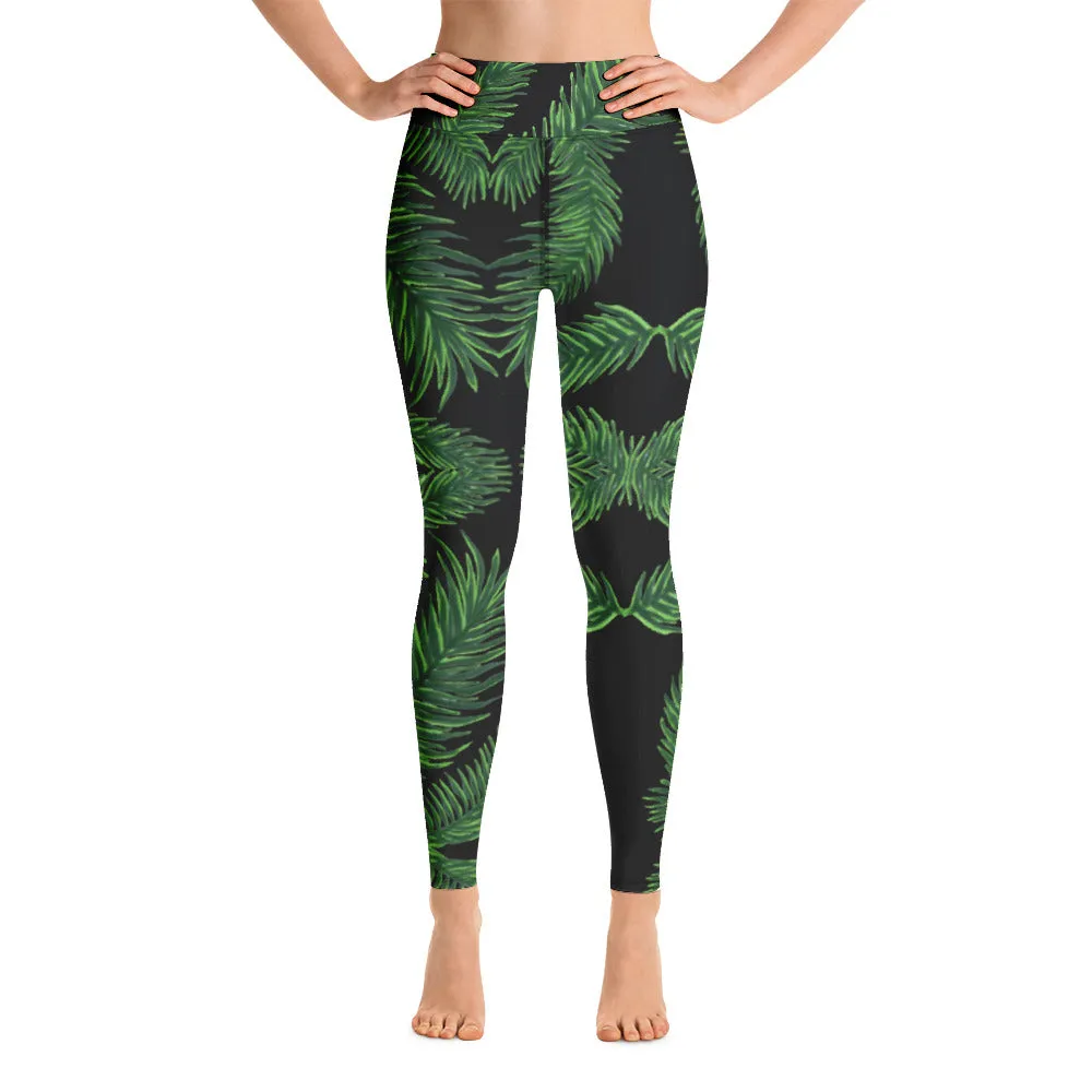 Black Green Tropical Yoga Leggings, Hawaiian Style Women's Long Sports Tights-Made in USA/EU/MX