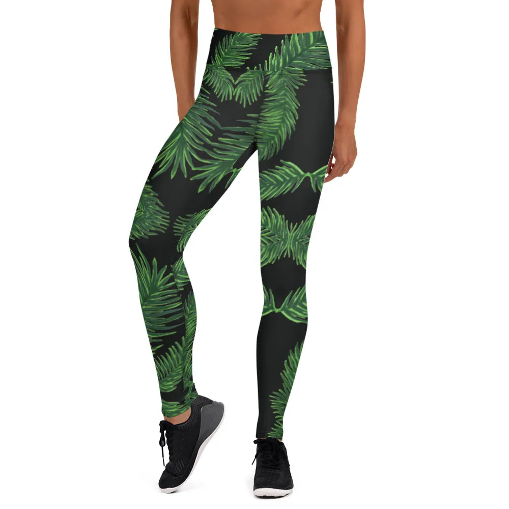 Black Green Tropical Yoga Leggings, Hawaiian Style Women's Long Sports Tights-Made in USA/EU/MX