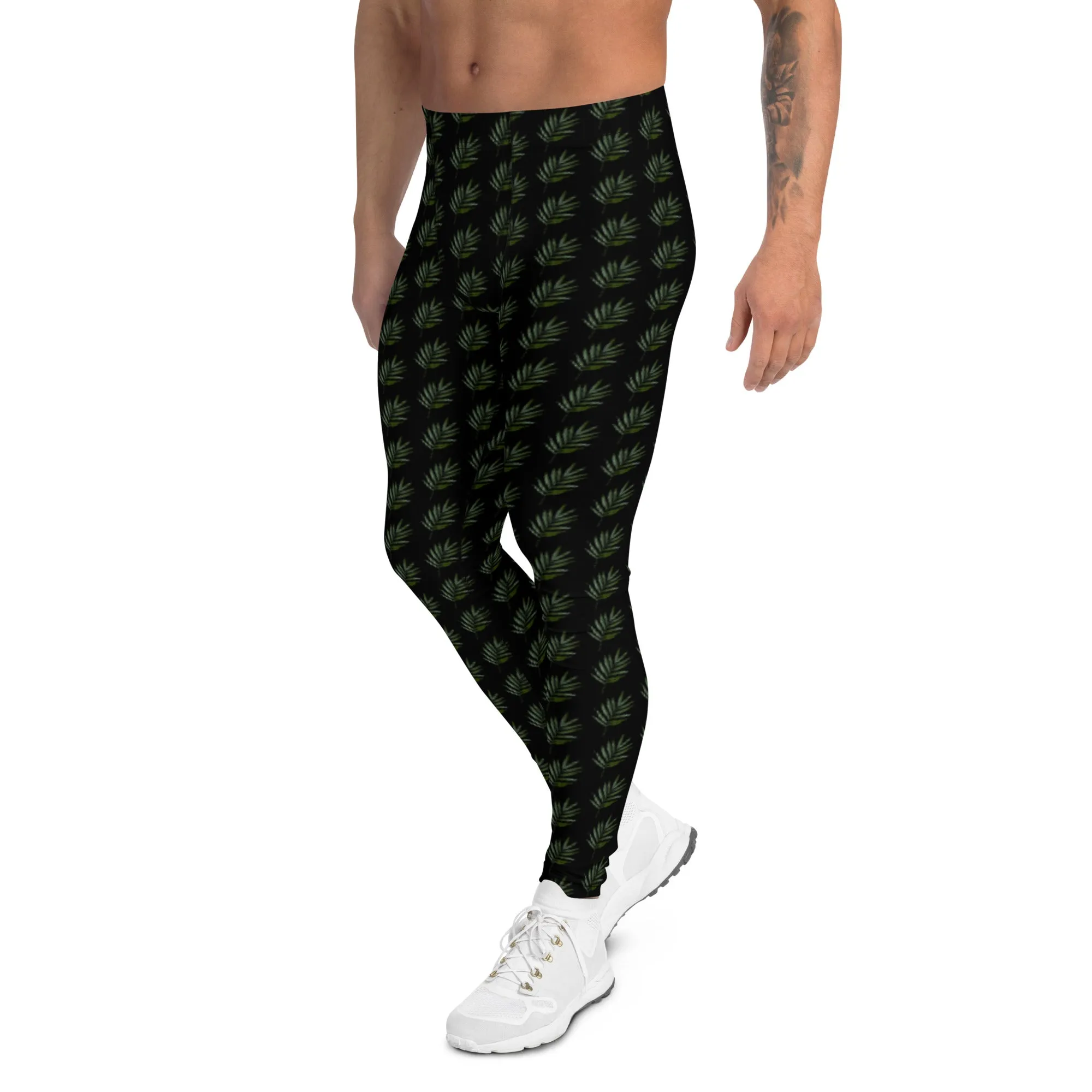 Black Palm Leaf Meggings, Best Men's Leggings Compression Tights For Men - Made in USA/EU/MX