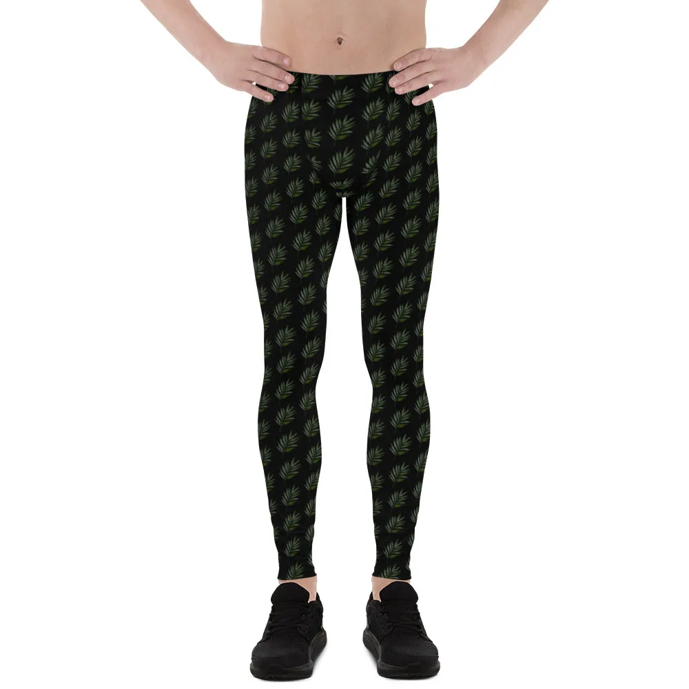 Black Palm Leaf Meggings, Best Men's Leggings Compression Tights For Men - Made in USA/EU/MX