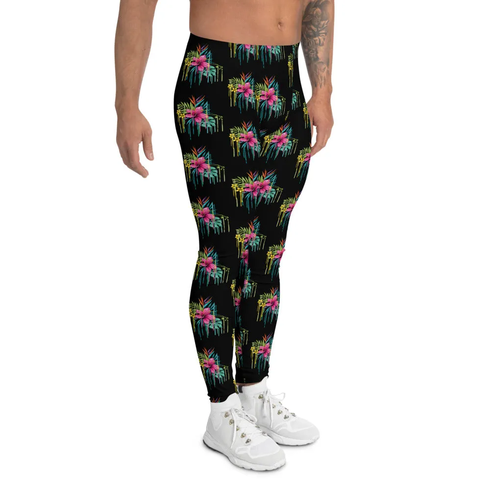 Black Tropical Men's Leggings, Tropical Floral Meggings Compression Tights-Made in USA/EU