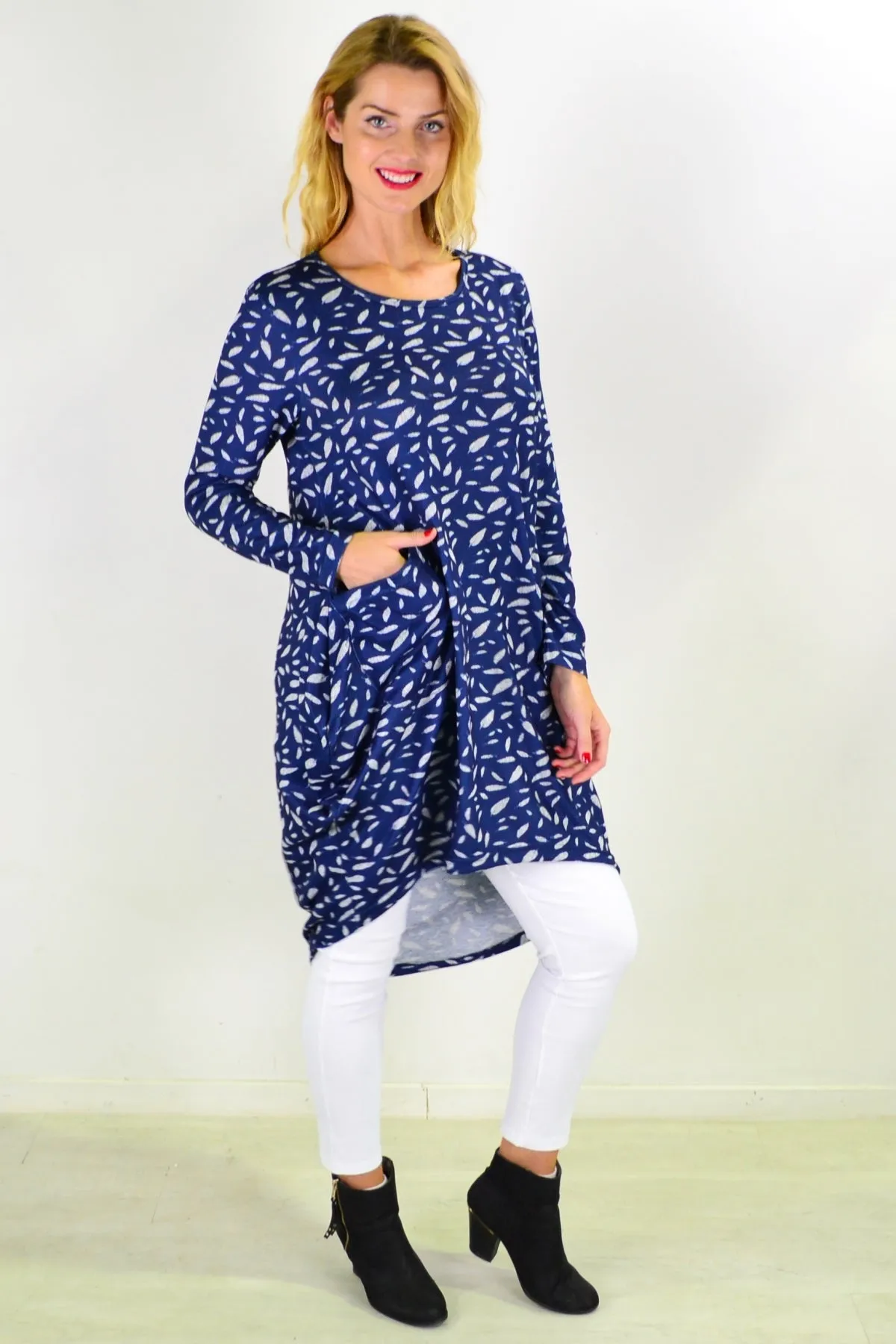 Blue Floating Leaf Knit Tunic Top