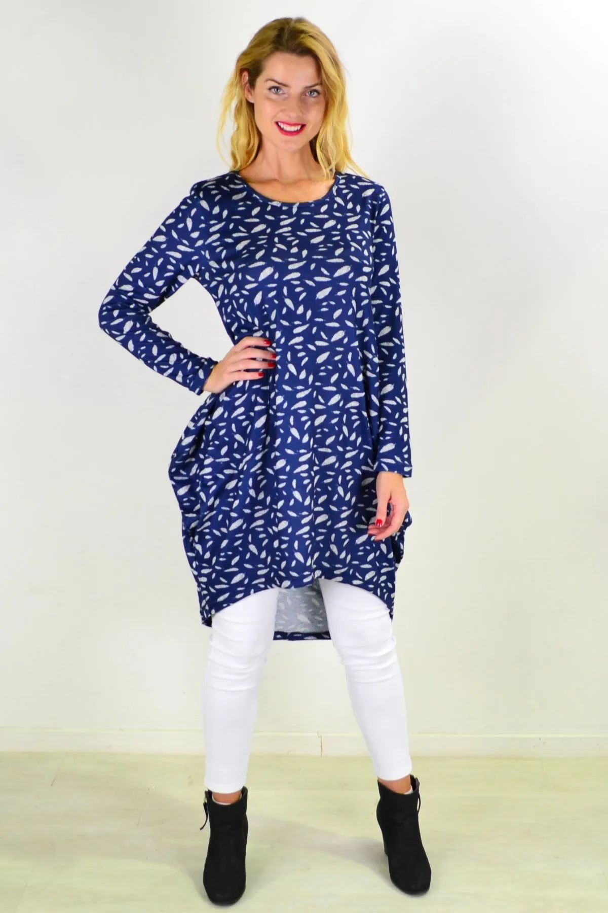 Blue Floating Leaf Knit Tunic Top