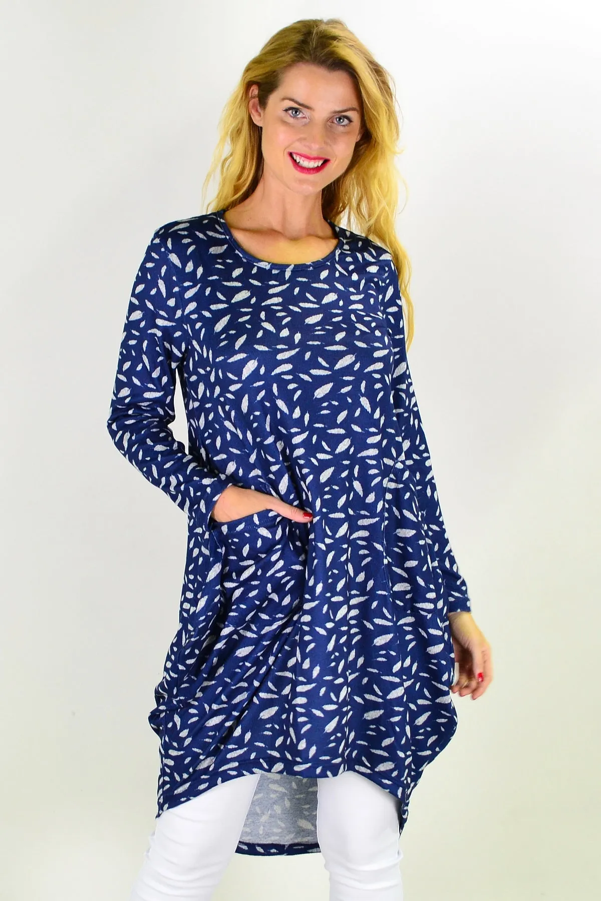 Blue Floating Leaf Knit Tunic Top