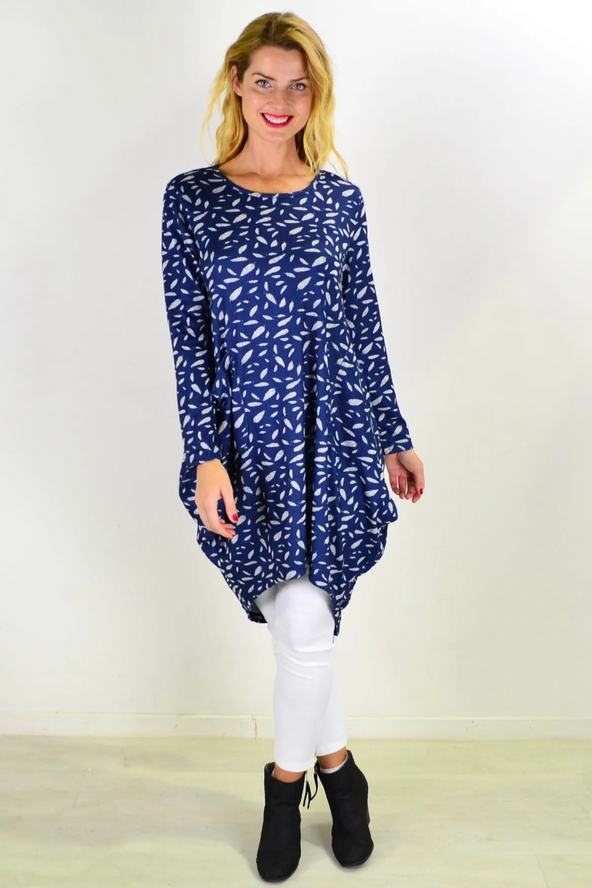 Blue Floating Leaf Knit Tunic Top