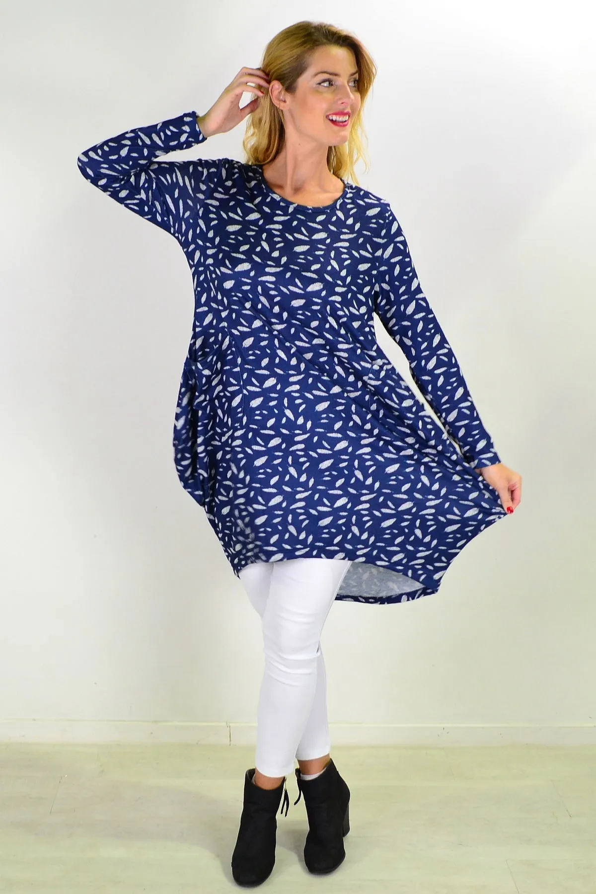 Blue Floating Leaf Knit Tunic Top