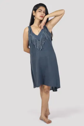 Blue Organic Linen Mini Dress with Fringe