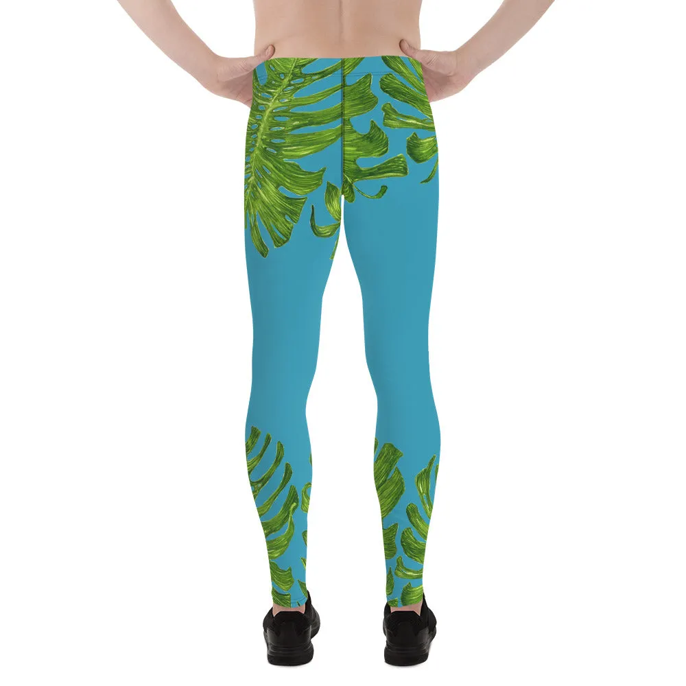 Blue Tropical Palm Leaf Meggings, Green Exotic Palm Leaf Print Men's Leggings-Made in USA/EU