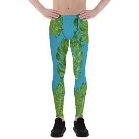 Blue Tropical Palm Leaf Meggings, Green Exotic Palm Leaf Print Men's Leggings-Made in USA/EU