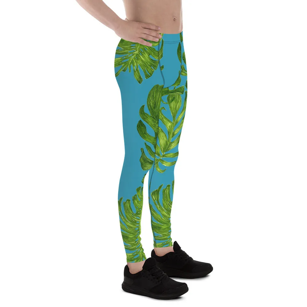 Blue Tropical Palm Leaf Meggings, Green Exotic Palm Leaf Print Men's Leggings-Made in USA/EU