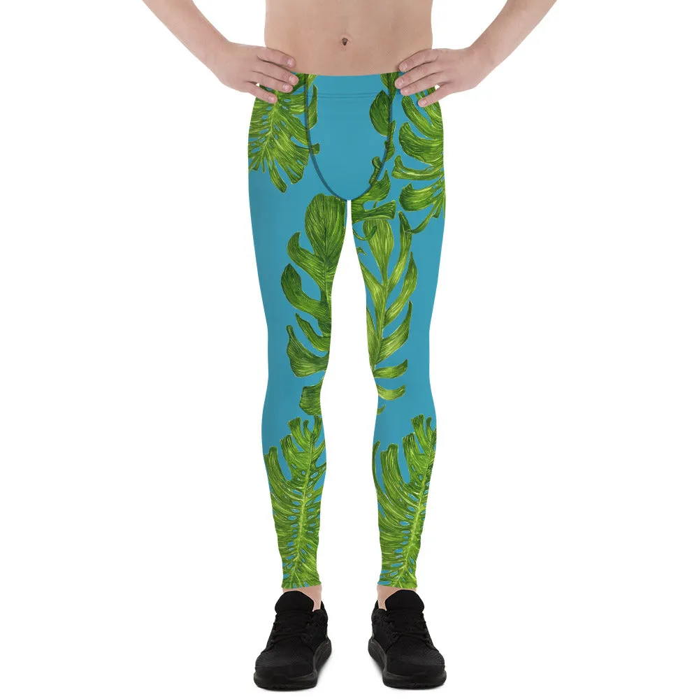 Blue Tropical Palm Leaf Meggings, Green Exotic Palm Leaf Print Men's Leggings-Made in USA/EU