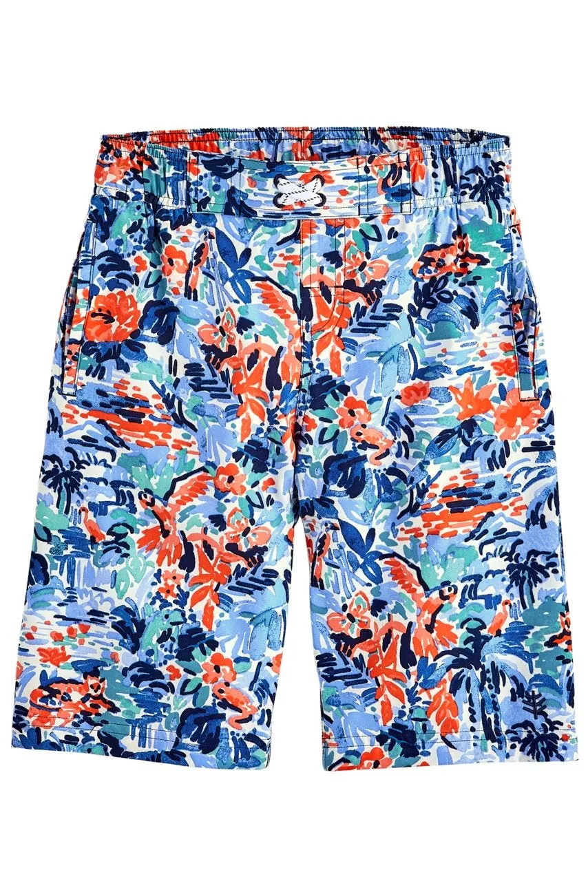 Boy's Island Swim Trunks | Blue Multicolor Painted Rainforest