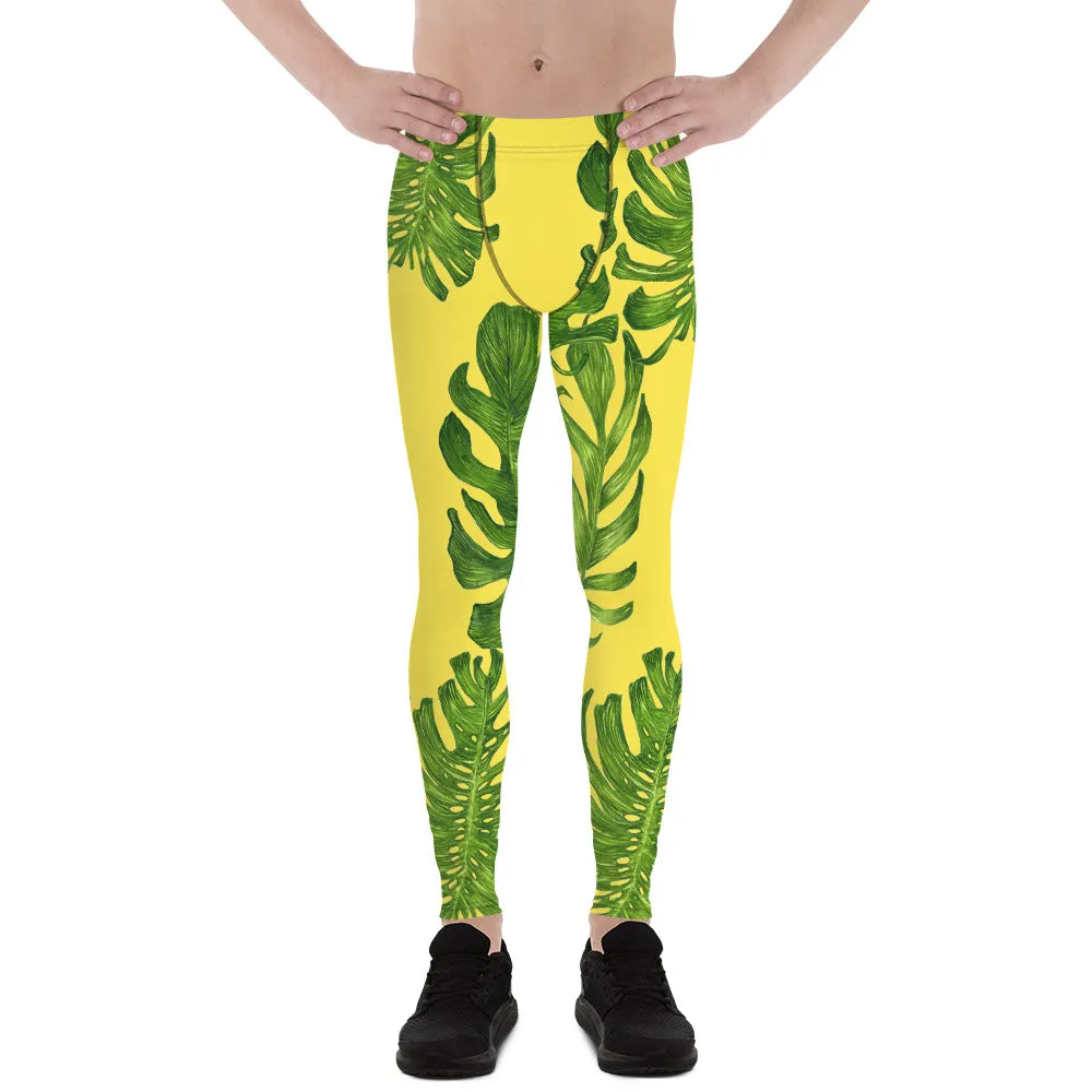 Bright Yellow Tropical Meggings, Green Palm Leaf Men's Leggings Running Men Tights-Made in USA/EU (US Size: XS-3XL)