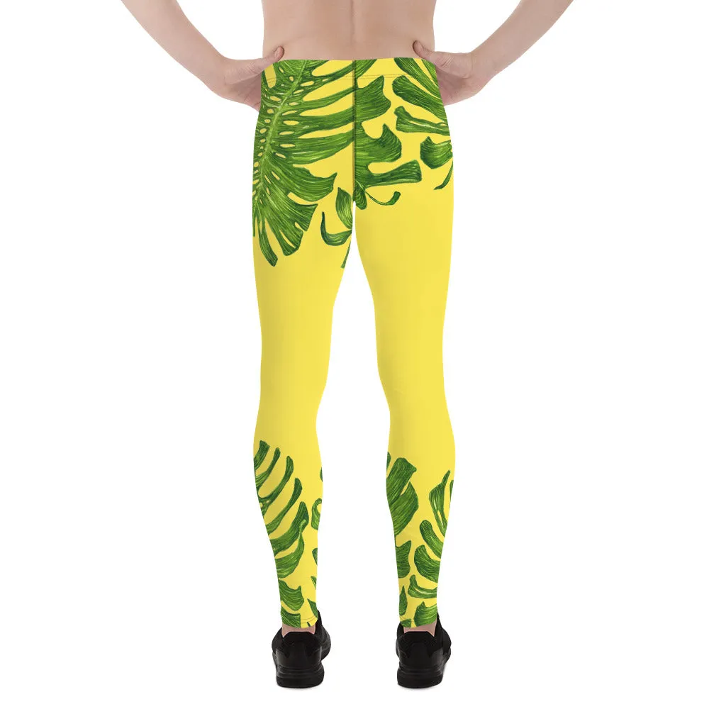 Bright Yellow Tropical Meggings, Green Palm Leaf Men's Leggings Running Men Tights-Made in USA/EU (US Size: XS-3XL)