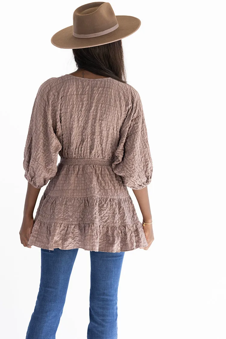 Brown Textured Balloon Sleeve Tunic Dress