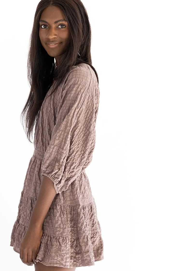 Brown Textured Balloon Sleeve Tunic Dress