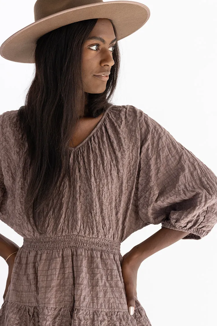 Brown Textured Balloon Sleeve Tunic Dress