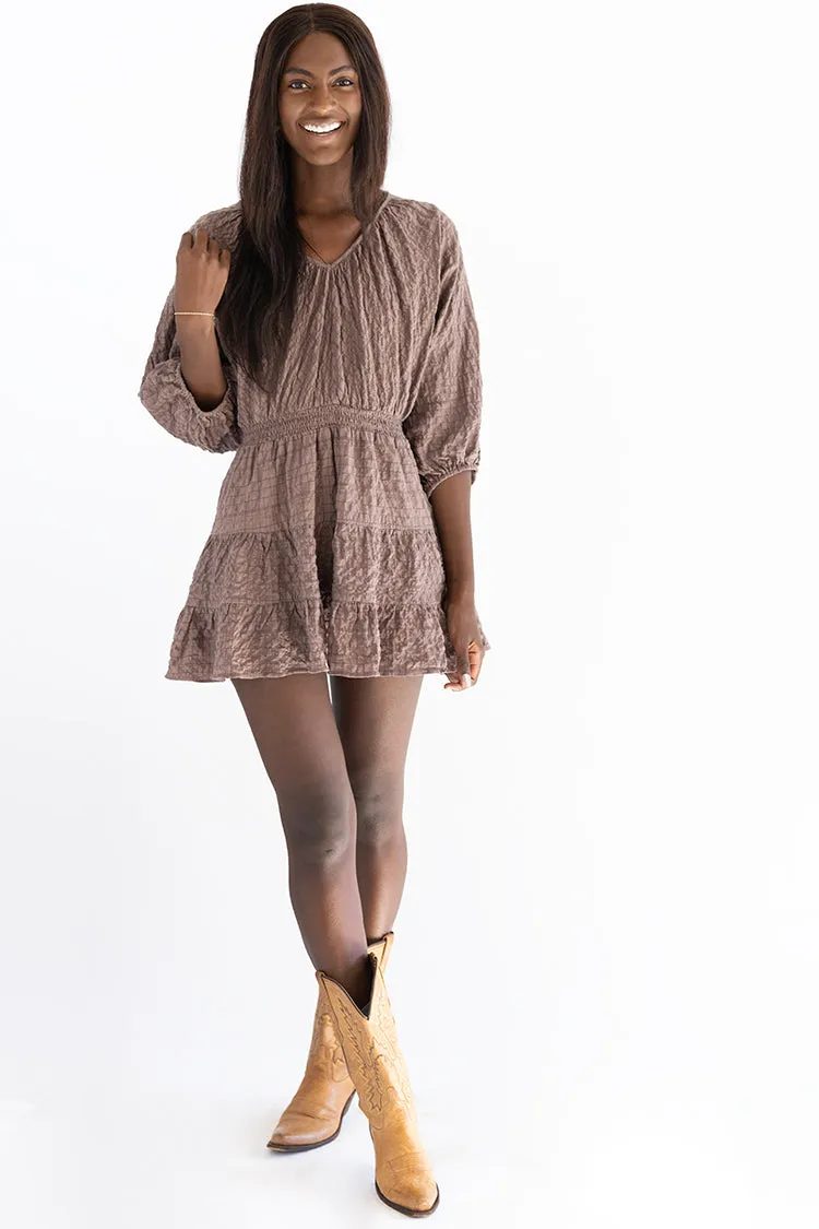 Brown Textured Balloon Sleeve Tunic Dress