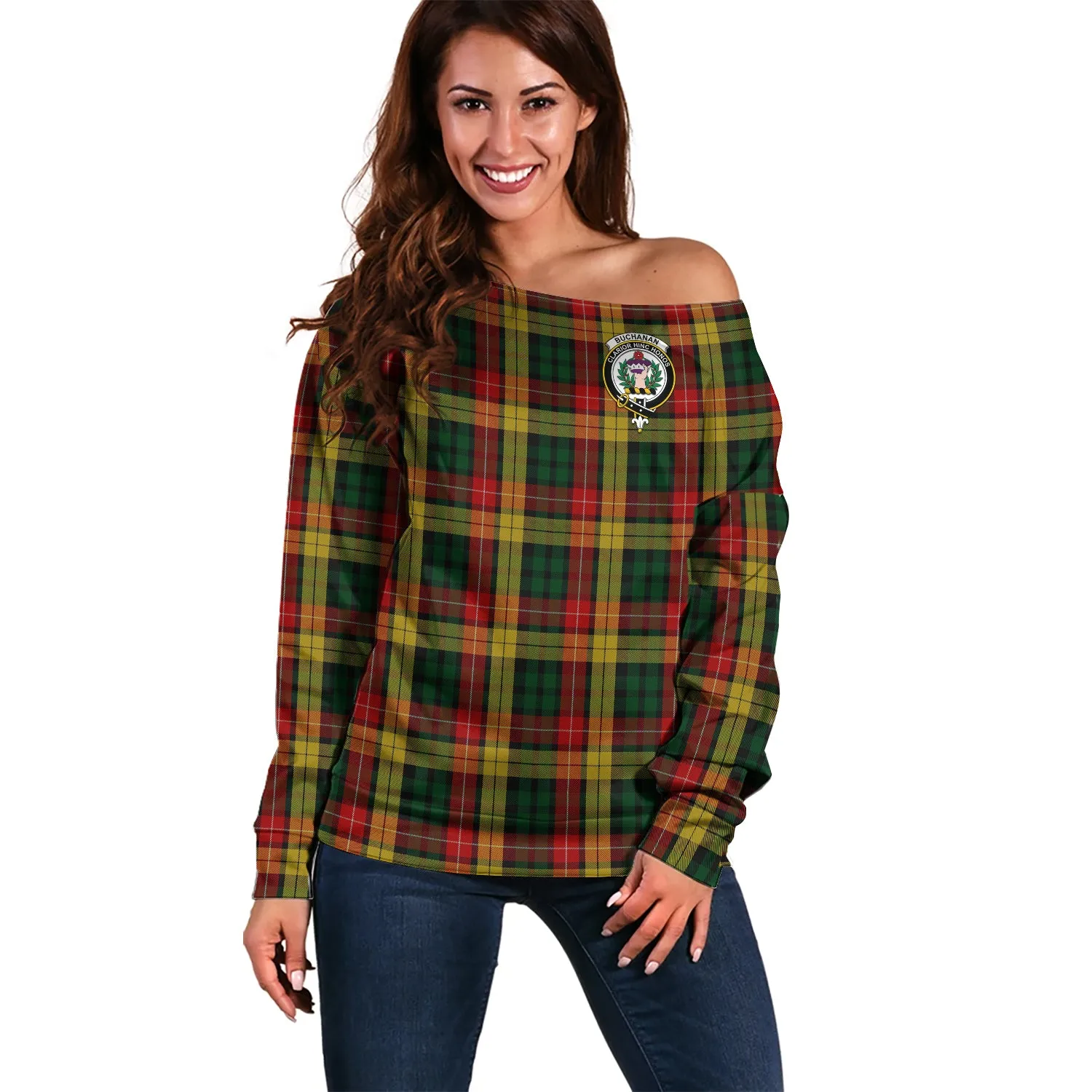 Buchanan Tartan Off Shoulder Women Sweater with Family Crest