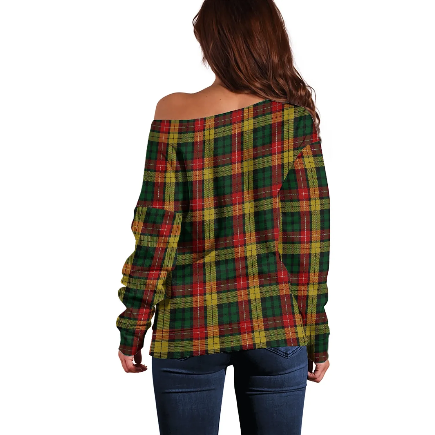 Buchanan Tartan Off Shoulder Women Sweater with Family Crest