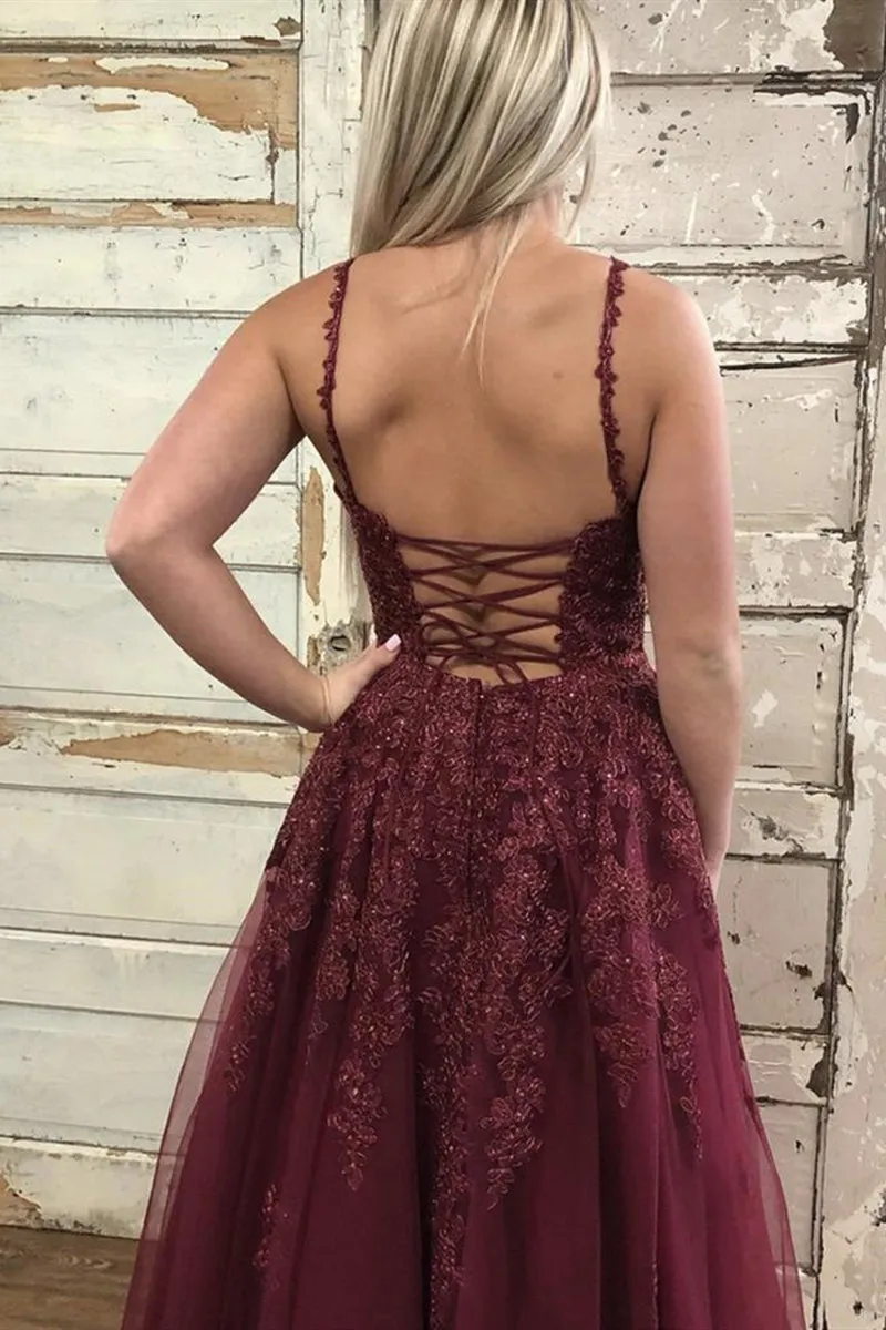 Burgundy V Neck Backless Lace Long Prom Dress, Burgundy Lace Long Formal Graduation Evening Dress