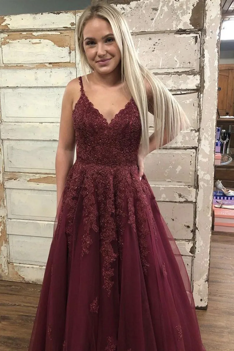 Burgundy V Neck Backless Lace Long Prom Dress, Burgundy Lace Long Formal Graduation Evening Dress