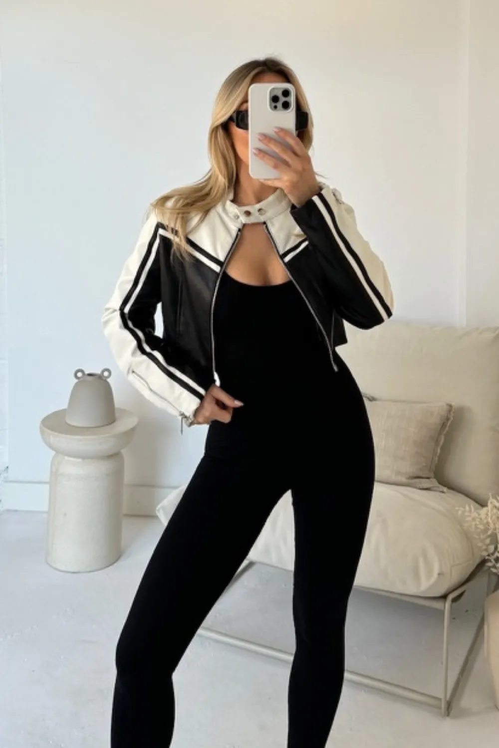 Cassie black and white cropped faux leather biker jacket