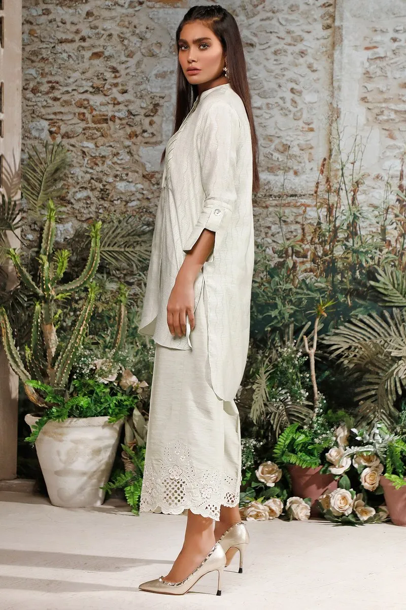 Casual Pret - Highlow Pleated Shirt With Embroidered Culottes