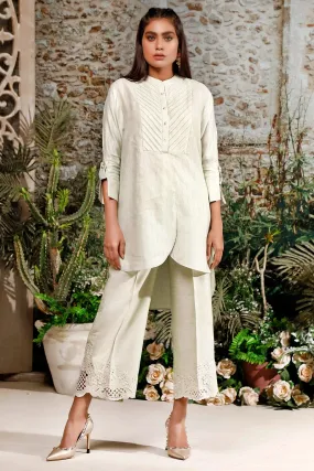 Casual Pret - Highlow Pleated Shirt With Embroidered Culottes