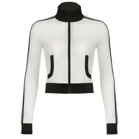 Casual Skinny Turtleneck Zip Up Jacket for Female Moto&Biker Style Sporty Autumn Coat Stripe Patchwork Korean Jackets