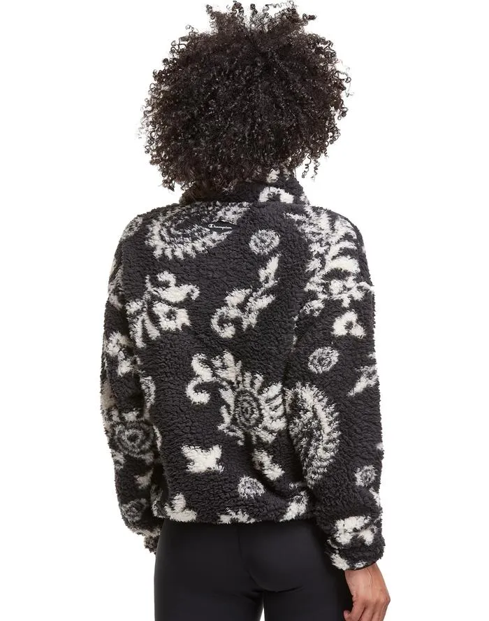 Champion Women's Cozy High Pile Quarter Zip Paisley Print, Embroidered Logo Sherpa Paisley Black W9247P 586791 A4MF