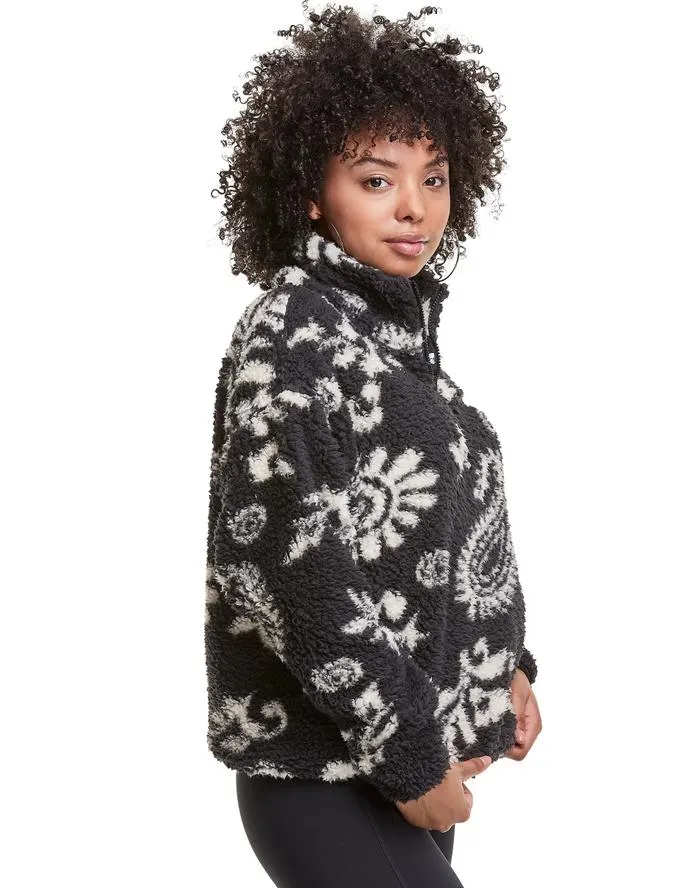 Champion Women's Cozy High Pile Quarter Zip Paisley Print, Embroidered Logo Sherpa Paisley Black W9247P 586791 A4MF