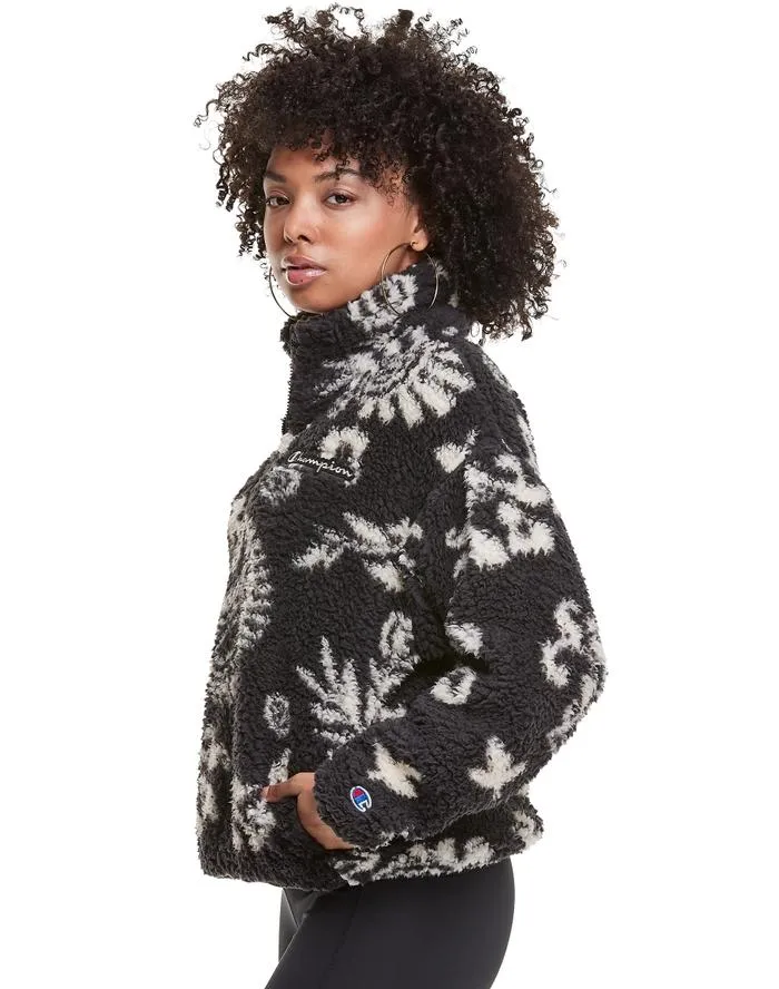 Champion Women's Cozy High Pile Quarter Zip Paisley Print, Embroidered Logo Sherpa Paisley Black W9247P 586791 A4MF