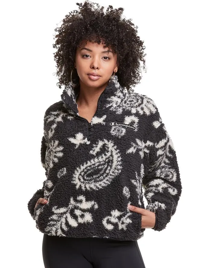 Champion Women's Cozy High Pile Quarter Zip Paisley Print, Embroidered Logo Sherpa Paisley Black W9247P 586791 A4MF