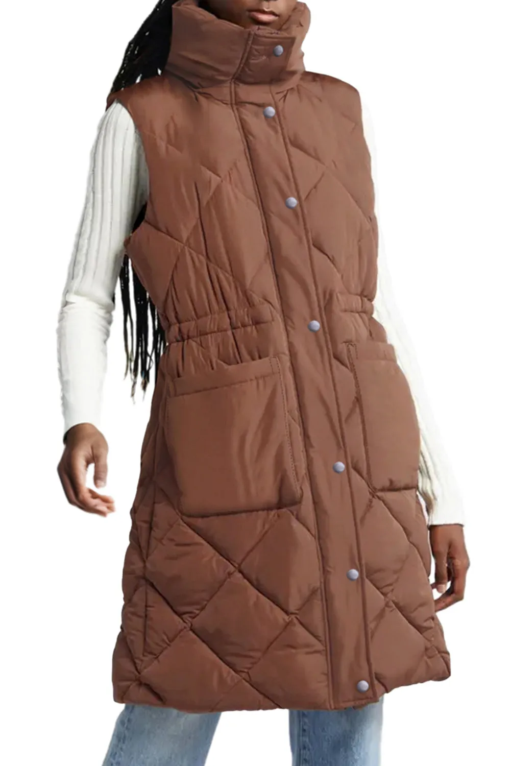 Coffee Puffer Quilted Stand Collar Pocketed Vest Coat